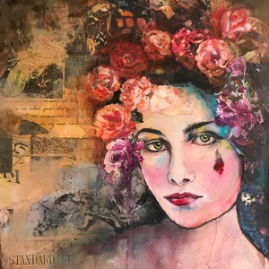 Abstract Portrait, Gift Woman, Gift for Artist, Mixed Media, Vintage Art, Vintage Portrait, Woman&#39;s portrait, Wall Decor, Wall Art