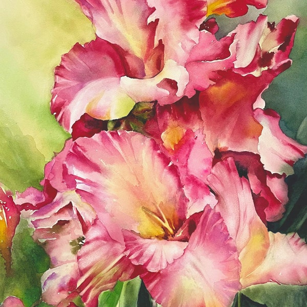 Original Gladiola ,Watercolor Flowers, Housewarming Gift, Gift for Gardener, Pink Flower painting, Bold Floral Painting, Gift for Her,