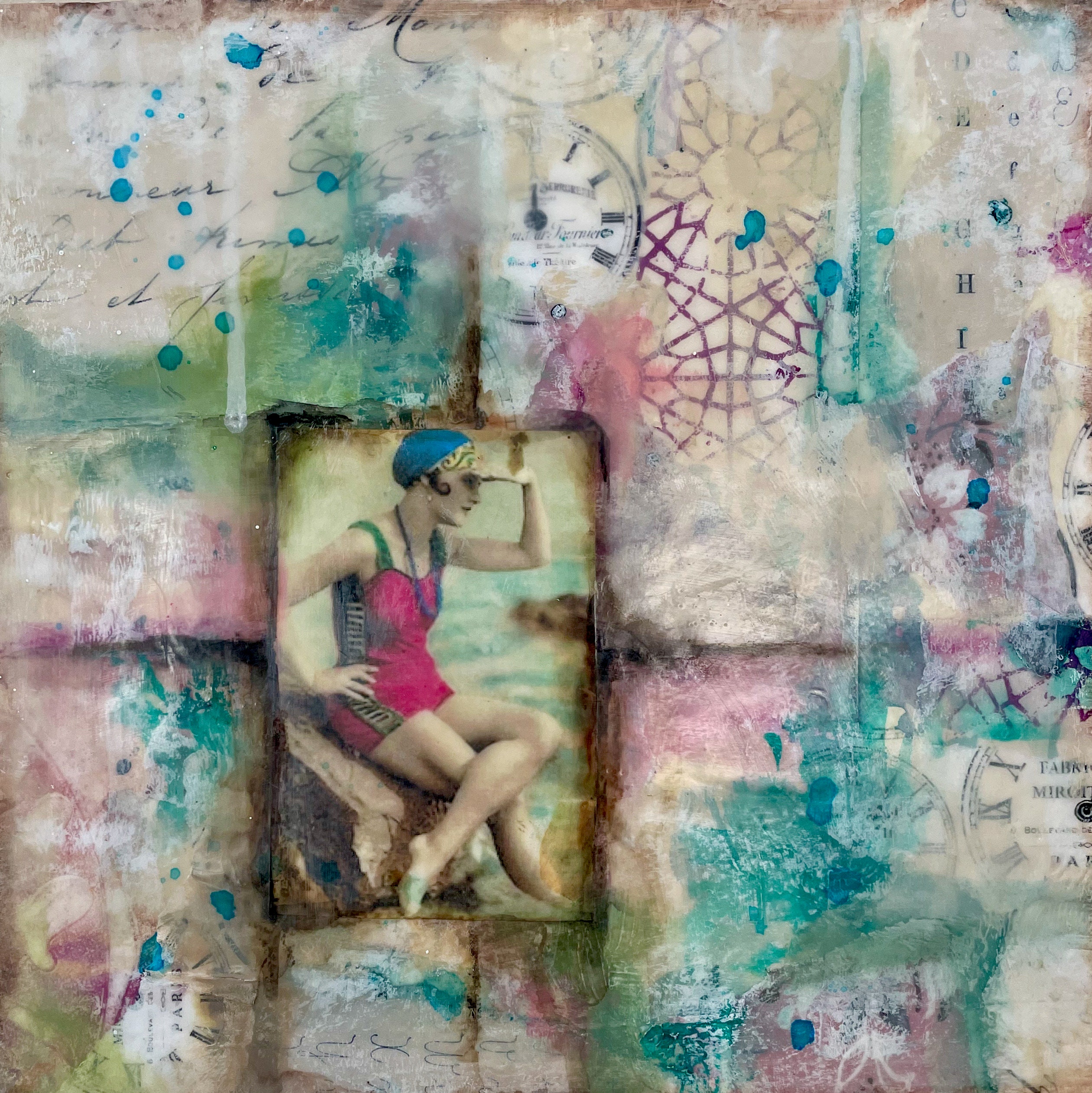 Original Encaustic Seaside Artwork, Bathing Beauties Beach Decor for home, Mixed media collage wall art, 1930s bathing suit art, unique gift