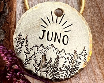 Mountain Sunrise Dog ID Tag Personalized Forest Hiking Custom Hand Stamped Pet Tags