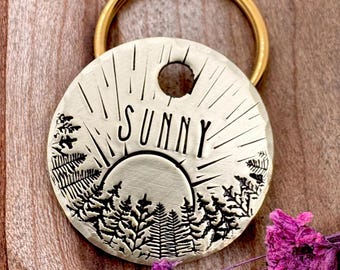 Forest Sunrise Dog ID Tag: Personalized Custom Pet Tags, Hiking, Camping, Sunset, Hand Stamped