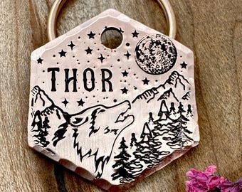 Howling Wolf Dog Tag: Custom Pet ID, Forest Design, Tags for Dogs