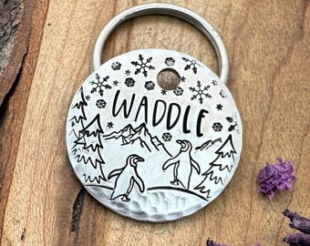 Penguin Dog Tag: Winter, Forest, Snow, Pet ID, Hand Stamped