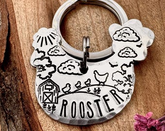 Chicken Shaped Dog Tag: Custom Pet ID, Personalized, Farm Design, Rooster, Chickens, Barn