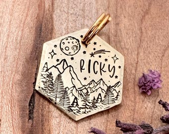 Small Mountain Pet Tag: Custom Dog Cat ID, Personalized, Shooting Stars Design, Forest, Mountains