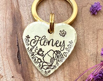 Heart Shaped Dog Tag: Custom Pet ID, Poppy Design, Wildflowers, Bee