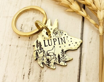 Wolf Shaped Dog Tag: Howling Design, Mountain, Camping, Full Moon, Trees, Personalized Pet ID