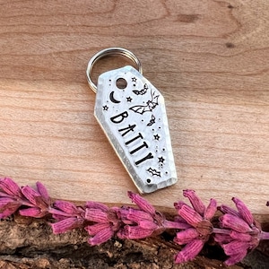 Mini Coffin - SMALL Pet Tag - Coffin - Cat Tag - Dog Collar Tag - Cat ID Tag - Custom - Personalized - Halloween -Stars -Bats