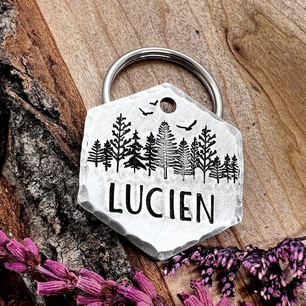 Forest Dog Tag - Adventure - Outdoors - Hiking Dog - Pet Name Tag - Hand Stamped Dog Tag - Custom - Personalized - Thick - Hexagon