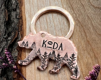 Pet ID Tag - Bear Dog Tag - Dog Tag for Dogs - Pet Name Tag - Hand Stamped Dog Tag - Custom - Forest - Personalized - Brass - Bear