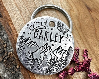Rancher Dog Tag: Cowboy Hat Design, Mountains, Forest, Hand Stamped, Personalized Pet ID