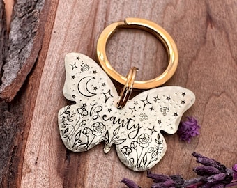 Butterfly Shaped Dog Tag: Rose Garden Design, Fireflies, Stars, Personalized Pet ID for Dogs