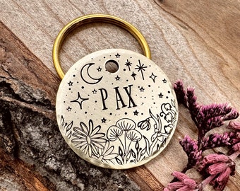 Wildflower Dog Tag: Night Blooms Design, Crescent Moon, Fairy Garden, Personalized Pet ID