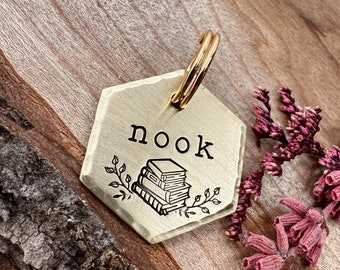 Small Book Pet Tag: Stacked Books Design, Vines, Reader, Personalized ID for Dogs Cats