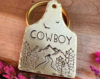 Desert Mountain Dog Tag: Cattle Ear Tag Shaped, Cactus, Winding Road, Farm, Personalized