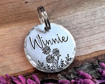 Small Daisy Pet Tag: Daisies Design, Vines, Flowers, Personalized ID for Dogs and Cats