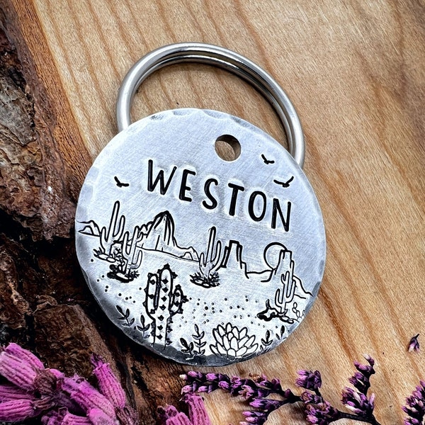 Desert Dog Tag - Western Dog Tag - Cactus - Southwest - Cowboy dog tag - Pet Name Tag - Hand Stamped Dog Tag - Custom - Personalized - Thick