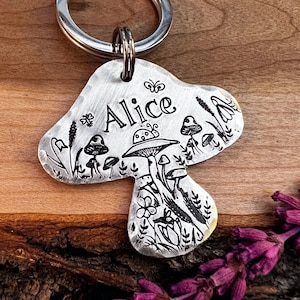 Mushroom Shaped Dog Tag: Ladybug Design, Mushrooms, Wildflowers, Lavender, Personalized Pet ID