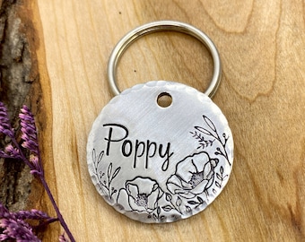 Poppy Dog Tag - Dog Tag - Dog Collar Tag - Pet Name Tag - Hand Stamped Dog Tag - Custom - Floral - Personalized - Wildflowers