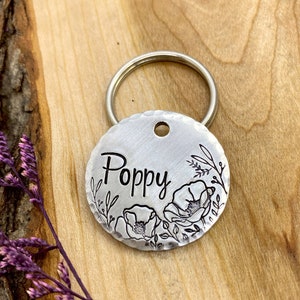 Poppy Dog Tag - Dog Tag - Dog Collar Tag - Pet Name Tag - Hand Stamped Dog Tag - Custom - Floral - Personalized - Wildflowers