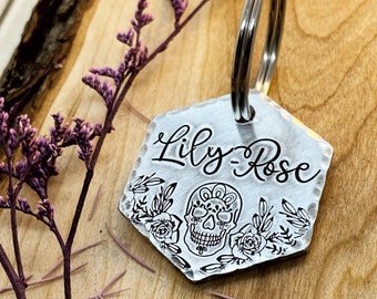 Sugar Skull Dog Tag - Day of the Dead - Pet Name Tag - Hand Stamped - Custom - Skull - Roses - Thick - Unique - Medium Dog - Large Dog