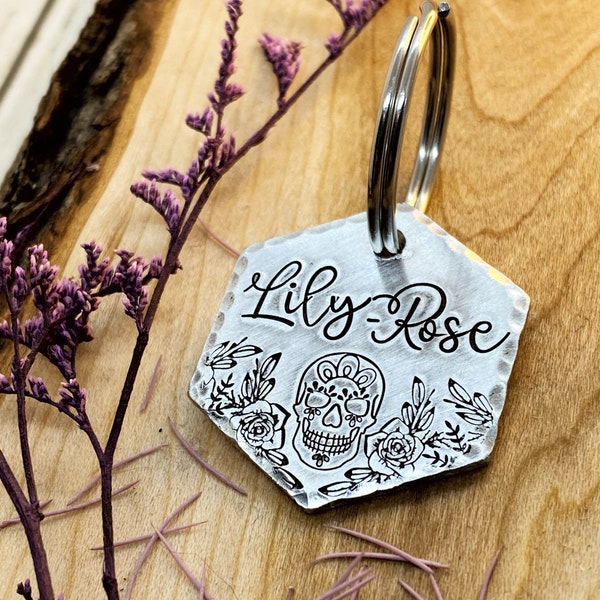 Sugar Skull Dog Tag - Day of the Dead - Pet Name Tag - Hand Stamped - Custom - Skull - Roses - Thick - Unique - Medium Dog - Large Dog