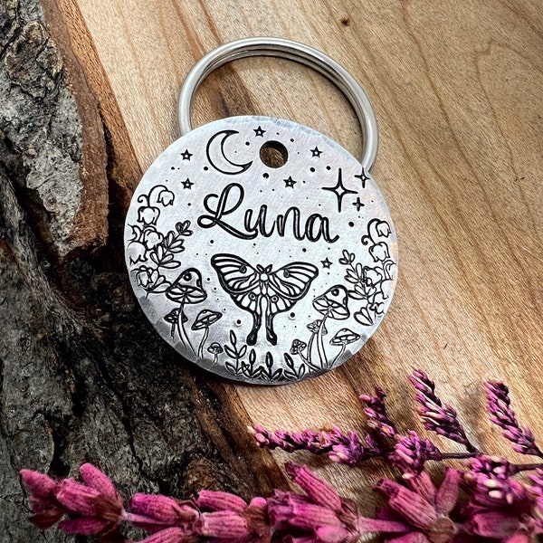 Luna Moth Dog Tag - Dog Tag - Mushrooms - Dog Collar Tag - Metal - Custom - Personalized - Thick - Large Dog -Medium Dog - Witchy