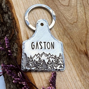 Pet ID Tag - Cattle Tag - Ear Tag - Dog Tag - Dog Collar Tag - Trees - forest -Pet Name Tag - Stamped Dog Tag- Custom- Personalized-Mountain