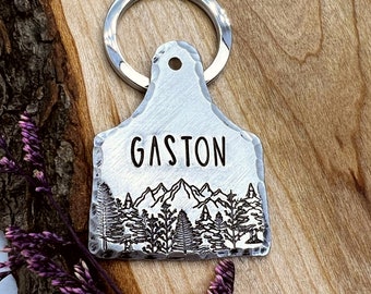 Mountain Dog Tag: Cattle Ear Tag Shaped, Forest, Mountains, Farm, Personalized