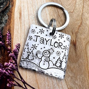 Pet ID Tag - Winter Dog Tag - Dog Collar Tag - Pet Name Tag - Hand Stamped - Custom - Dog Tag - Square - Forest - Thick - Snowman - Snow