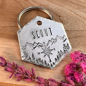 Pet ID Tag - Compass Dog Tag - Mountain - Forest - Dog Collar Tag - Pet Name Tag - Hand Stamped Dog Tag - Custom - Personalized - Hiking Dog