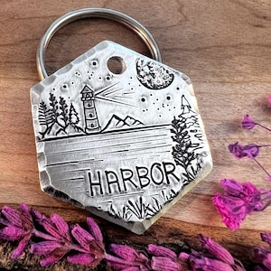 Lighthouse Dog Tag - Costal Scene - Ocean - Shoreline - Pet Name Tag - Hand Stamped - Custom - Medium Dog - Large Dog - Thick - Unique-Lake