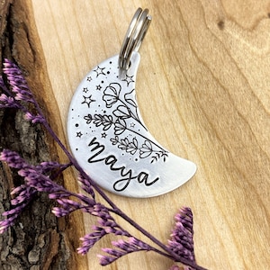 Pet ID Tag - Moon - Floral - Dog Tag - Cat Tag - Dog Collar Tag - Pet Name Tag - Hand Stamped Dog Tag - Custom - Personalized - Moon Shaped