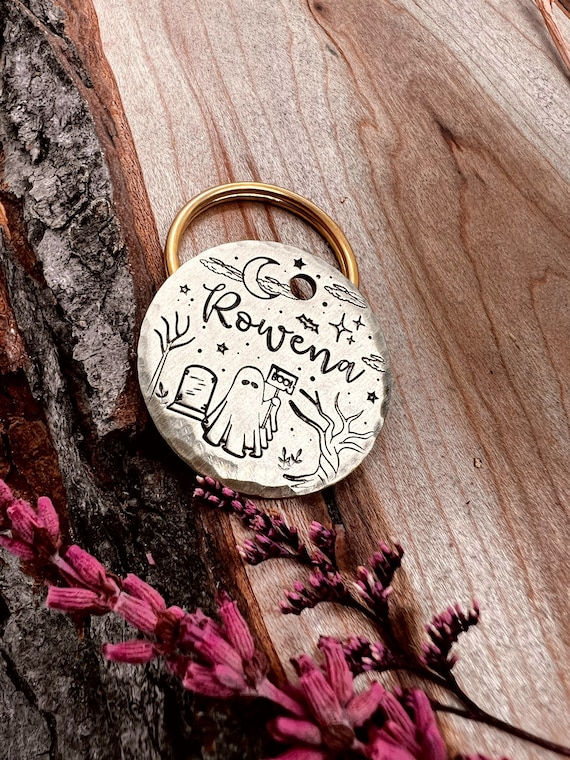 Ghost Dog Tag: Halloween, Gravestones, Cemetery, Spooky, Night Sky, Personalized Pet ID
