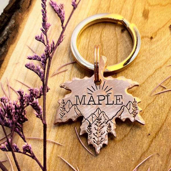 Pet ID Tag - Maple Leaf - Dog Tag - Dog Collar Tag - Pet Name Tag - Hand Stamped Dog Tag - Custom - Engraved - Personalized - Leaf - Hiking
