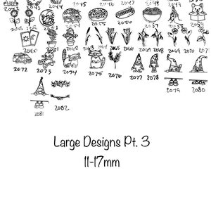 May include: A collection of black line art icons featuring animals, plants, food, and mythical creatures, each labeled with a four-digit number. The text reads Large Designs Pt. 3 11-17mm. The icons include dogs, gnomes, flowers, and various symbols.