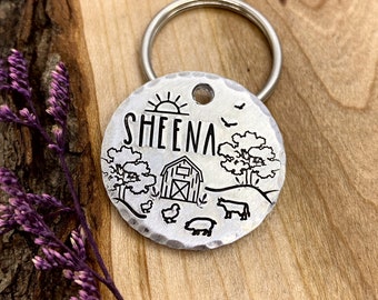 Farm Dog Tag: Barnyard Design, Barn, Cow, Chickens, Pig, Personalized Pet ID
