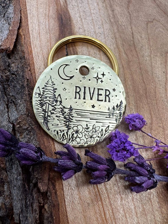Lake Dog Tag: Forest Design, River, Camping, Flowers, Personalized Pet ID