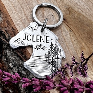 Horse Dog Tag - Horse Bridal Tag - Pet Name Tag - Bridal Tag - Custom - Forest - Mountains - Lake Scene - Personalized - Horses - Thick