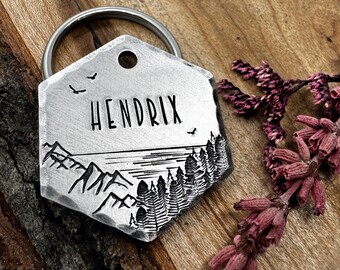 Ocean Dog Tag: Mountain Design, Forest, Lake, Lake, Cliffside, Pine Trees, Personalized Pet ID