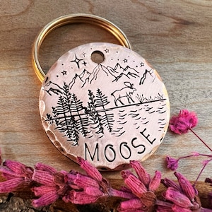 Moose Dog Tag - Forest - Lake - Dog Tag - Dog Collar - Mountains - Hand Stamped - Custom - Personalized - Thick - Large Dog - Medium Dog