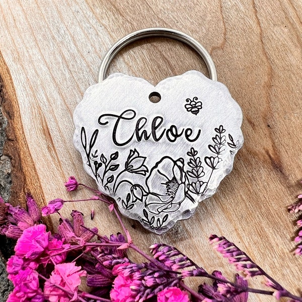 Pet ID Tag - Floral - Poppies - Heart Dog Tag - Dog Collar Tag - Pet Name Tag - Stamped Dog Tag - Custom - Valentines Day - Cute - Hearts