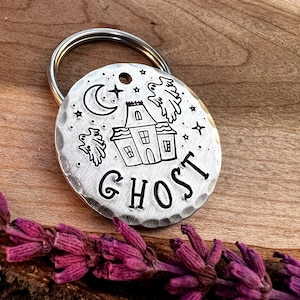 Haunted House Dog Tag - Halloween Dog Tag - Ghost Dog Tag - Paisley Dog Tag - Dog Collar Tag - Pet Name Tag - Hand Stamped - Custom -Dog Tag