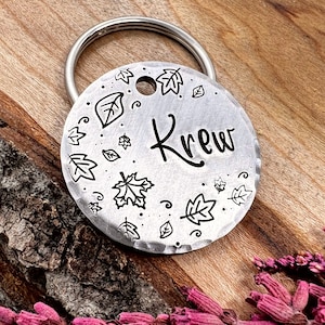 Autumn Dog Tag: Falling Leaves, Custom Pet ID, Maple Leaf, Oak, Hand Stamped, Personalized