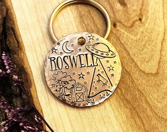 Abduction Dog Tag: UFO Design, Stars, Forest, Barn, Cow Rapture, Alien, Personalized Pet ID