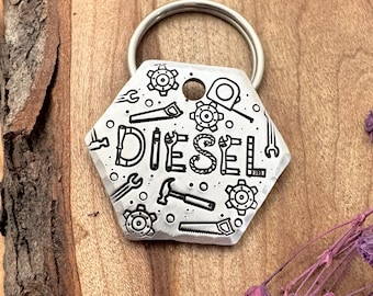 Tools Dog Tag: Construction Design, Hammer, Wrench, Gears, Personalized Pet ID for Dogs