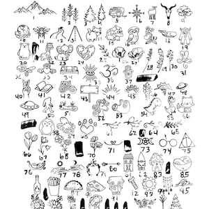 May include: A collection of black line art icons labeled Large Designs Pt. 1 11-17mm, featuring numbered illustrations of animals, plants, celestial bodies, food, and various symbols arranged in a grid on a white background for reference.