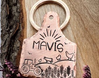 Farm Dog Tag: Cattle Ear Tag Shaped, Tractor, Barnyard, Cows, Chickens, Personalized