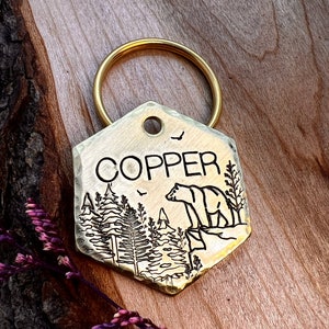 Bear Dog Tag - Forest - Dog Collar Tag - Pet Name Tag - Hand Stamped Dog Tag - Custom - Stamped - Personalized - Dog Tag -thick