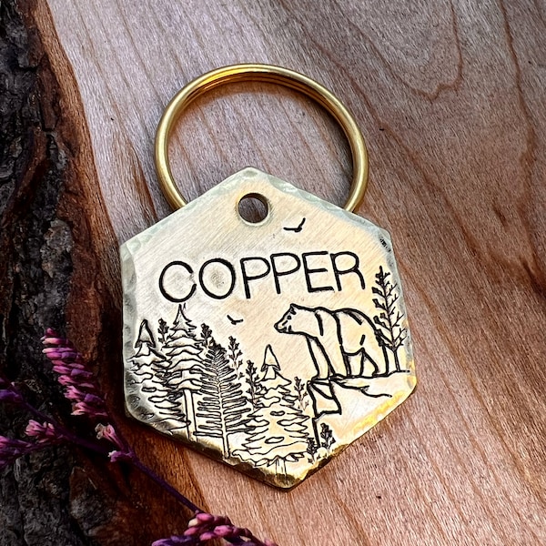 Bear Dog Tag - Forest - Dog Collar Tag - Pet Name Tag - Hand Stamped Dog Tag - Custom - Stamped - Personalized - Dog Tag -thick